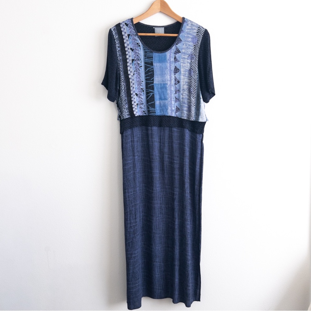 VTG 90s Rabbit Rabbit Rabbit Design Abstract Blue Layered Maxi Dress Size 12M